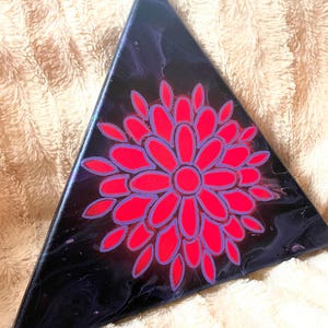 An Abstract Fluorescent Pink Mandala on an Acrylic Paint Pour Triangle Canvas image 2