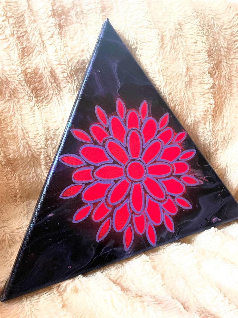 An Abstract Fluorescent Pink Mandala on an Acrylic Paint Pour Triangle Canvas image 2
