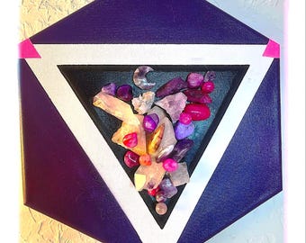 A Purple, White and Pink Triangle Acrylic Painting on Hexagon Canvas with Crystals