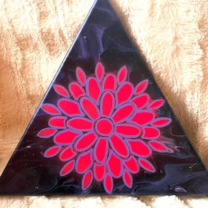 An Abstract Fluorescent Pink Mandala on an Acrylic Paint Pour Triangle Canvas image 1