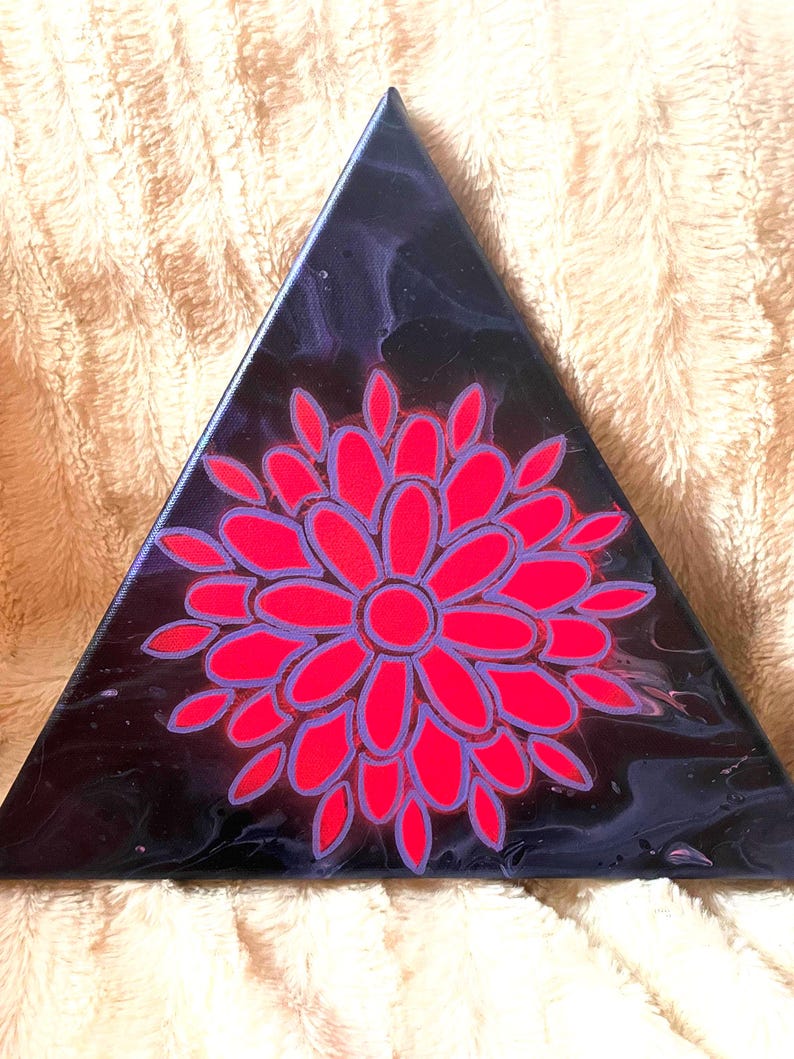 An Abstract Fluorescent Pink Mandala on an Acrylic Paint Pour Triangle Canvas image 1