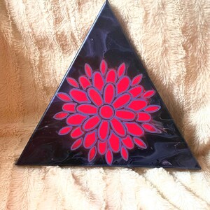 An Abstract Fluorescent Pink Mandala on an Acrylic Paint Pour Triangle Canvas image 4