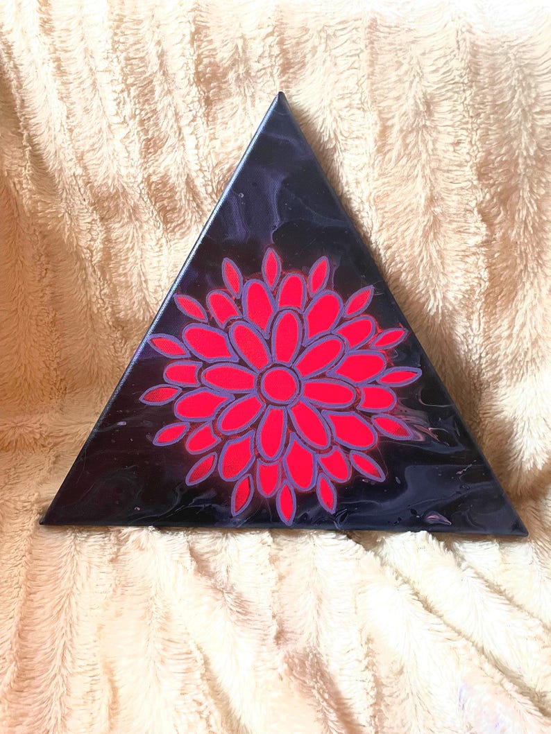 An Abstract Fluorescent Pink Mandala on an Acrylic Paint Pour Triangle Canvas image 4