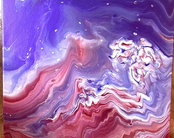 Abstract Acrylic Paint Pour on Canvas: Purple, Red, and White (12x12)