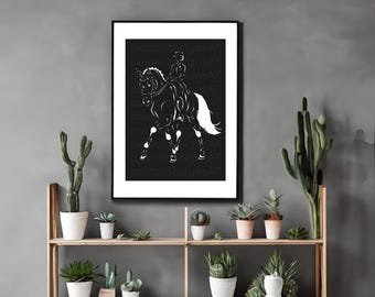 Dressurpferd Digitaler Download, Pferde Prints Schwarz und Weiß, Dressurpferd Wandkunst, Geschenke für Pferdeliebhaber, Dressur Ästhetik