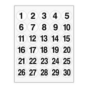 WATERDICHTE STICKERNUMMERS #1-#30 opeenvolgend, 1-1/2" cirkellabels opeenvolgend, matte afwerking, nummersticker, zelfklevend label, afpellen en plakken