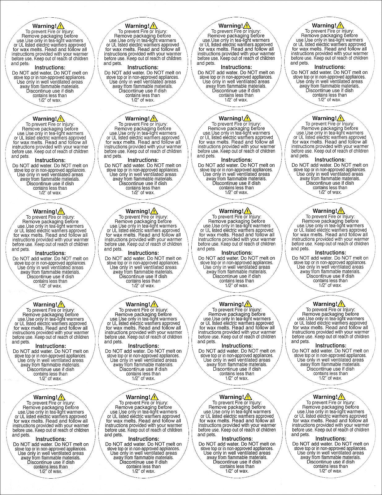 Wax Melt Safety/ Warning x 37mm diameter x 105 labels