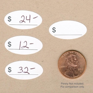 Etiquetas adesivas de preço de símbolo de dólar de 1/2" x 1" com linha, oval pequeno branco, acabamento fosco, adesivos brancos, descasque e cole, adesivo de preço, adesivos artesanais