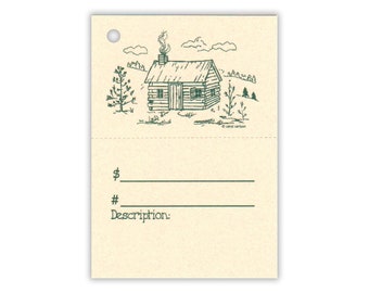2-part LOG CABIN Hang Tags,Price Tags,for Gifts & Crafts.Strings Included,Perforated For Price.Rustic Tags,Primitive Taga,Vendor Tags