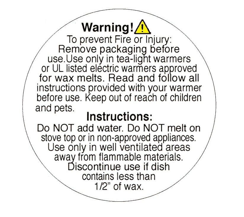 100 Round Warning Labels for Container Candles or Wax Melts