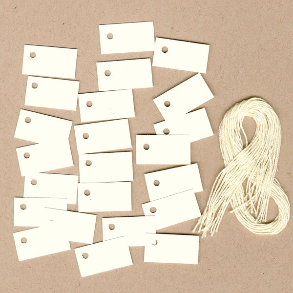 100 Tiny MINI BLANK IVORY Hang Tags. Size 1/2"x 1"  Cardstock~ Jewelry Tags ~ Choice of color strings. Price Tags ~ Bulk ~ Small ~ Little