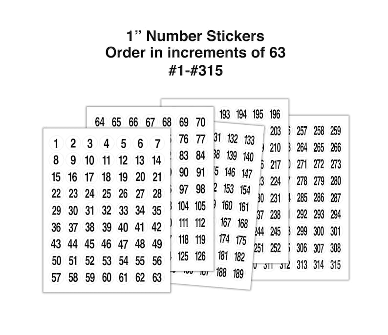 1 Inch NUMBERS #1-#315 STICKERS Sequential, 1