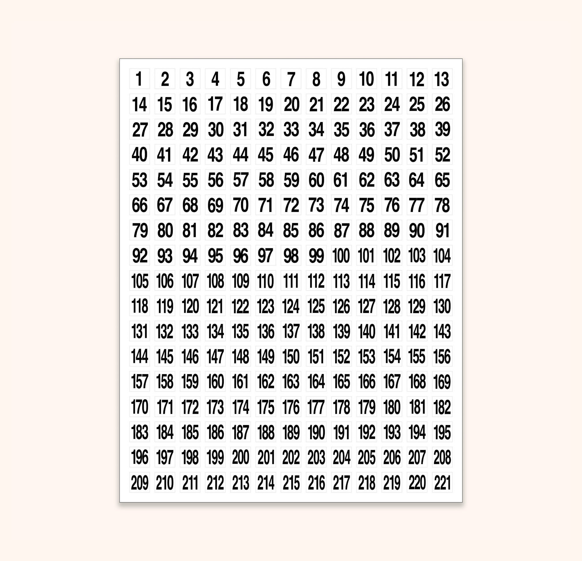 NUMBERS #1-#221 STICKERS Sequential,1/2