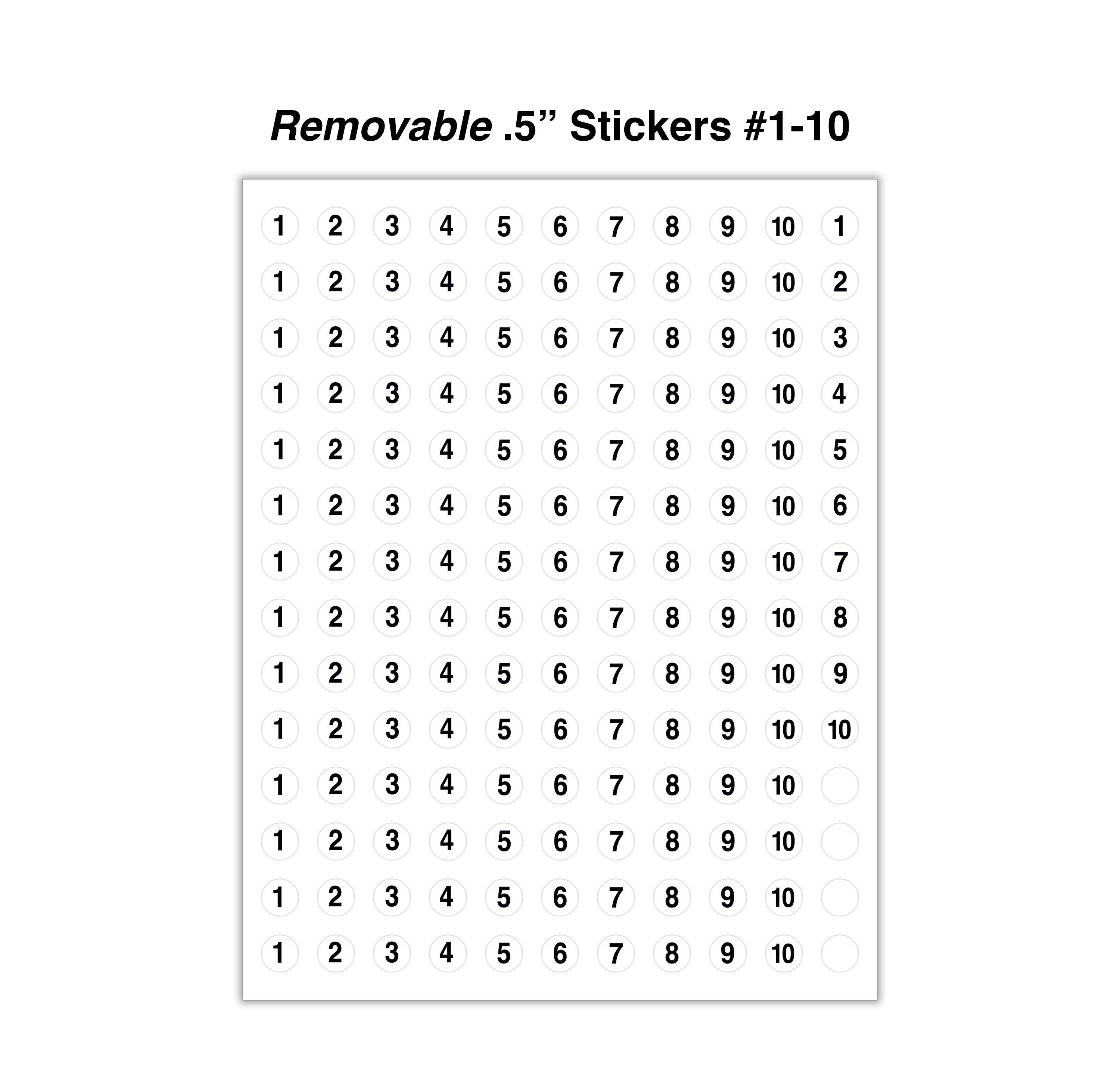 REMOVABLE 15x STICKERS NUMBERED 110 Whitetiny 1/2 Circle Labels
