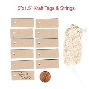 100 etykiet na biżuterię, małe MINI PUSTE etykiety KRAFT. Rozmiar 1/2"x 1-1/2" karton, wybór kolorów sznurków, metki cenowe, metki sprzedawcy, metki sznurkowe