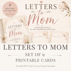 Może przedstawiać: Zestaw drukowanych kart i dziennika zatytułowanego "Letters to Mom". Dziennik i karty mają kwiatowy wzór z napisem "Letters to Mom". Zestaw zawiera 9 drukowanych stron listów. Projekt jest w miękkich, stonowanych kolorach.