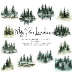 12 illustrazioni della foresta di pini nebbiosi * Clipart di foreste di pini * Scrapbooking * Biglietti d'auguri * Inviti di nozze * Inviti di Natale *