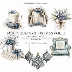 May include: A watercolor clipart bundle with a Christmas theme. The bundle includes a blue sweater, a bouquet of blue berries, a blue armchair, a gift box with blue berries, a cup of coffee with blue berries, and three blue ornaments with snowflakes.