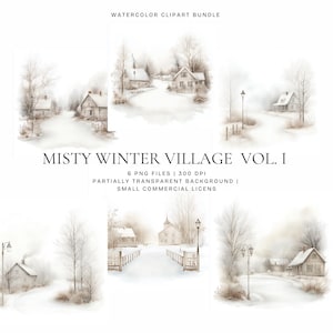 Enchanting Winter Wonderland Watercolor Village PNG * Festive Christmas Card Designs * Winter Town * Winter Scenery * Winter Cottages PNG