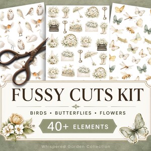 Può includere: Un kit di ritagli meticolosi con uccelli, farfalle e fiori. Il kit comprende oltre 40 elementi con un'estetica vintage. L'immagine mostra vari ritagli di uccelli, farfalle, fiori e altri elementi decorativi. Il testo sull'immagine recita "Fussy Cuts Kit".