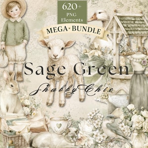620 Sage Green Clipart Bundle, Shabby Chic PNG, Junk Journal Kit, Vintage Ephemera, Cottagecore Floral Graphics, Commercial Use