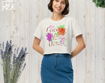 Good Vibes Only Floral Crop Top : Gekämmte Baumwolle Damen T-Shirt