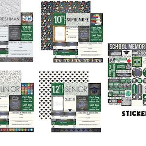 May include: A set of school-themed scrapbook paper and stickers. The paper features different designs for each grade level, from freshman to senior. The stickers include graduation, high school, and other school-related themes.
