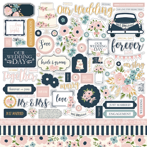 Just Married Stickers 12x12 Wedding Stickers  Blush Pink Black Champagne Mr and Mrs Scrapbook