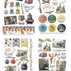 May include: A collection of four sticker sheets featuring illustrations of a steam train, owls, wands, school crests, castles, and various magical items. The designs include photographic snippets, golden snitches, cauldrons, and patterned borders.