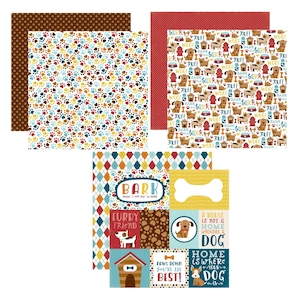 May include: A collection of patterned scrapbook paper sheets with a dog theme. Designs include paw prints, dogs, dog houses, and the word "BARK". Colors include brown, red, blue, yellow, and white.