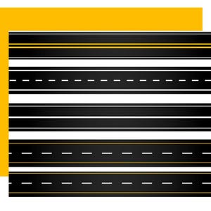 May include: A graphic illustration featuring several sections of asphalt roads with different lane markings. The roads are black with white and yellow lines, set against a yellow and white background. The design is simple and clean.