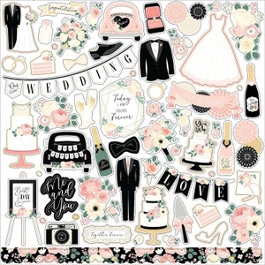 Stickers mariage 12 x 12 Stickers scrapbooking mariage rose poudré noir robe smoking fleurs bague