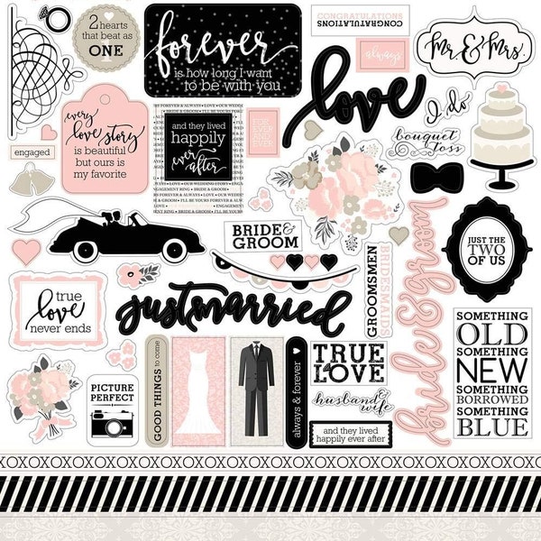 Wedding Bliss Stickers 12x12 Wedding Scrapbook Stickers  Blush Pink Black Champagne Dress Tux Flowers Ring