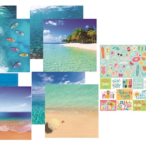 Beach Vibes Scrapbook Papers Sticker Set by Reminisce | Tropical Ocean Waves Papers Stickers Beach Scrapbook Travel