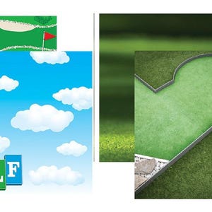 May include: A collage of mini golf course illustrations. One shows a green course with a red flag, sand traps, and trees. Another features a blue sky with clouds and the words "Mini Golf" in colorful letters. The third shows a mini golf hole.