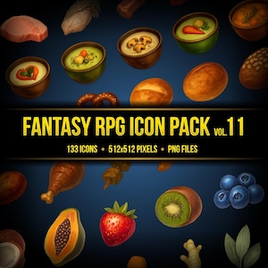 Może przedstawiać: Cyfrowa ilustracja Fantasy RPG Icon Pack Vol. 11, przedstawiająca różne produkty spożywcze, takie jak zupa, chleb i owoce. Obraz zawiera tekst wskazujący 133 ikony, 512x512 pikseli i pliki PNG. Tło jest ciemnoniebieskie.