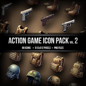 Puede incluir: Un conjunto de 99 iconos de juego de acción, cada uno con una medida de 512x512 píxeles, en formato PNG. Los iconos representan diversos equipos militares y tácticos, incluyendo cascos, mochilas, chalecos y armas de fuego. Los iconos están diseñados en un estilo de dibujos animados con un fondo marrón.