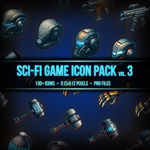 May include: A set of 130 sci-fi game icons in a pack. The icons are 512x512 pixels and are in PNG format. The icons include helmets, weapons, and other sci-fi elements.