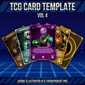 May include: Five TCG card templates are displayed, featuring characters like an alien and a robot. The cards have a futuristic design with text such as "ALIEN" and "MEGAWOMAN". The words "TCG CARD TEMPLATE VOL 4" are at the top. The bottom of the image reads "ADOBE ILLUSTRATOR AI & TRANSPARENT PNG".