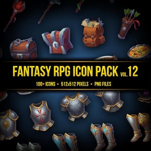 Peut inclure: Ensemble d'icônes de jeu de rôle fantastique, comprenant des coffres, des sacs à dos, des armures et des armes. L'image présente le texte "FANTASY RPG ICON PACK VOL. 12" avec des détails sur le nombre d'icônes, les dimensions en pixels et le type de fichier.