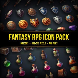 96 ファンタジー RPG インベントリ アイコン パック | 512 ピクセル | PNG ファイル