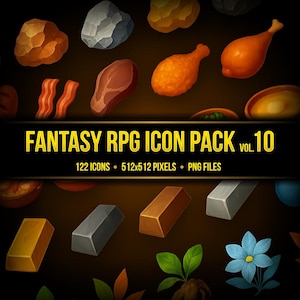 May include: A selection of fantasy RPG icons, featuring food such as chicken drumsticks and bacon, alongside rocks, ingots, and a blue flower. The text reads "FANTASY RPG ICON PACK VOL. 10" with details about the number of icons and file type.