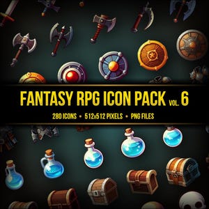 Könnte beinhalten: Eine Sammlung von 280 Fantasy-Rollenspiel-Icons, darunter Schwerter, Schilde, Tränke, Truhen und andere Gegenstände. Die Icons sind 512x512 Pixel groß und im PNG-Format. Das Bild zeigt eine Auswahl der Icons, darunter eine blaue Tränkeflasche, eine Holzkiste und ein Schwert.