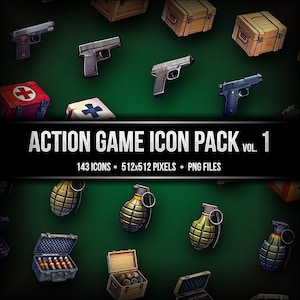 May include: An assortment of action game icons on a dark green background. The image features various weapons, including pistols and grenades, along with medical kits and wooden crates. Text reads "ACTION GAME ICON PACK VOL. 1".