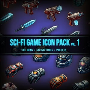 May include: A set of 130 sci-fi game icons in a variety of styles, including weapons, armor, and characters. The icons are 512x512 pixels and are in PNG format.