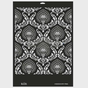 May include: A black stencil featuring a repeating white damask pattern. The design includes ornate, symmetrical floral and leaf motifs. The stencil has a hanging hole at the top and the brand name "Kacha" is printed at the bottom left.