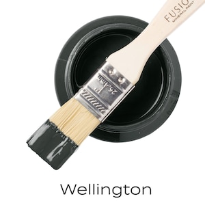 May include: A small jar of Fusion Mineral Paint in the color Wellington. The paint is a dark green color. A paintbrush is dipped in the paint and is laying on top of the jar.