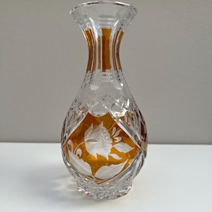 Vintage polish 24% lead crystal vase - amber cut-to-clear design with floral etching
