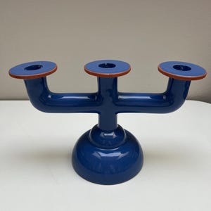 Vintage Modernist Blue Ceramic Candelabra - Scandinavian Design by Kari Trestakk, Made in Portugal