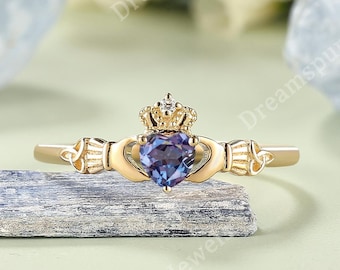 Unique Heart Shape Alexandrite Claddagh Ring Gold Claddagh Ring